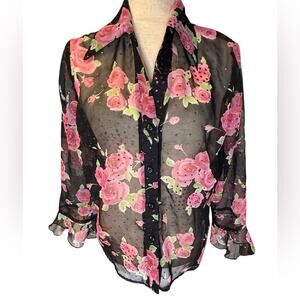 Y2K Sheer Floral Metallic Dot Maximalist Top Womens Size M Whimsigoth Boho Glam